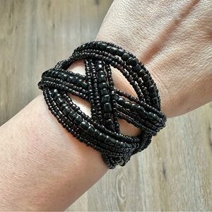 Black Beaded Memory Wire Cuff Bangle Bracelet